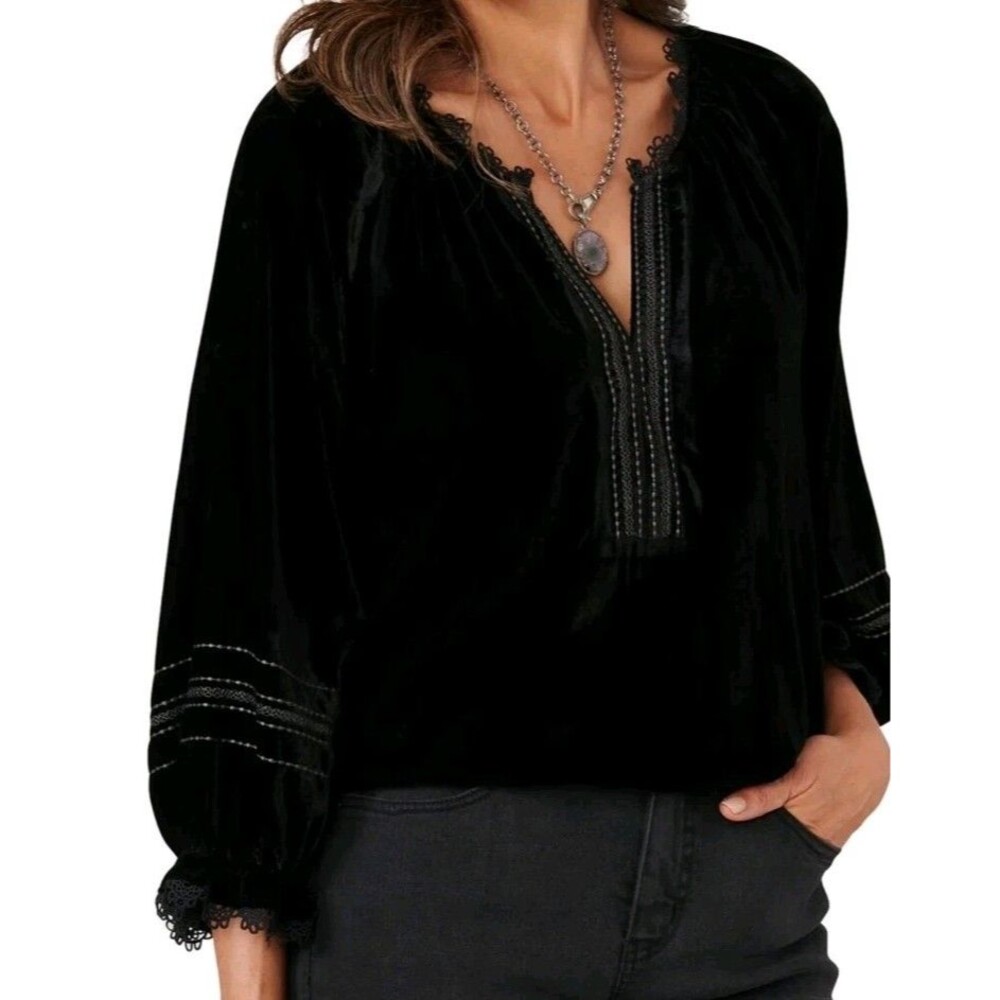 Democracy 3/4 Blouson Top Black Embroidered Velvet Boho Witchy Fairy Grunge M